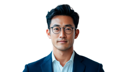 Young asian man in a formal suit with glasses poses confidently isolated on transparent background