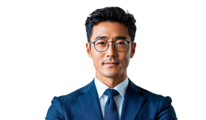 Young asian man in a formal suit with glasses poses confidently isolated on transparent background