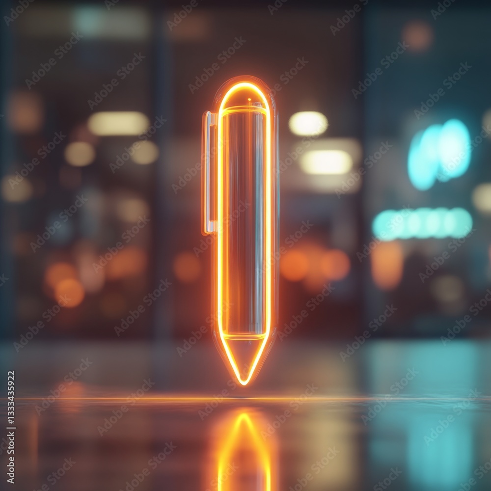 Wall mural glowing 3d digital pen icon floating in space with soft reflections