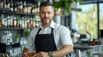Bartender crafting cocktails under dimmed bar lights modern cocktail bar portrait intimate setting professional bartending skills