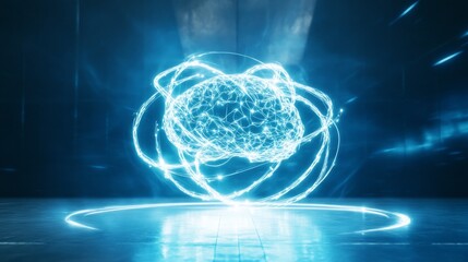 Stylized 3D Brain Icon with Light Trails and Dynamic Circles
