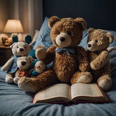 A teddy bear reading a bedtime story to a group of stuffed animals.