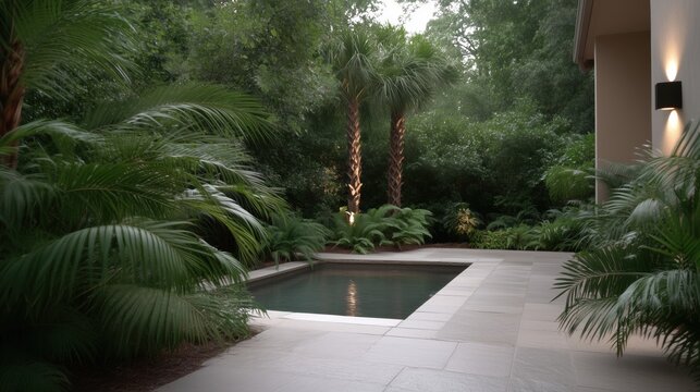 A small pool is surrounded by trees and plants. The pool is surrounded by a stone walkway and has a lighted area. Scene is peaceful and relaxing