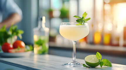 Cocktail preparation by bartender stylish bar counter beverage photography bright ambiance close-up shot drink presentation