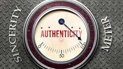 Authenticity and Sincerity that is hitting a full scale, showing a very high level of authenticity, overload of it, too much of it. Maximum value, off the charts.  ,3d illustration