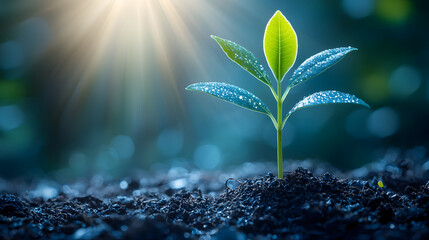Growth and Hope: A seedling reaches for the sun, symbolizing new beginnings, growth, and the resilience of nature in a close-up view, showcasing its delicate leaves and the moist earth.