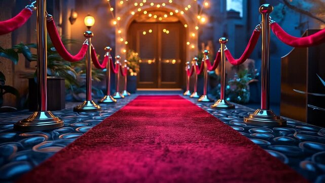 Red carpet entrance at night, festive, elegant, for events. Possible use advertising, marketing
