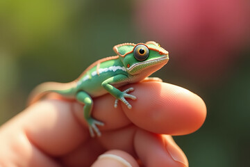 Obraz premium close up of a tiny little lizzard on a finger on warm background