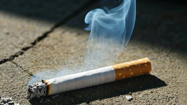 Smoking Hazard: A cigarette rests, emitting smoke and embodying a dangerous habit. A stark reminder of the potential health and environmental consequences, urging mindful choices.