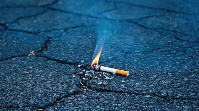 Ashes to Dust: A burning cigarette, discarded on rough asphalt, symbolizes the hazardous consequences of addiction.
