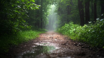 Obraz premium Rainy spring day in a lush forest path nature photography tranquil environment seasonal background