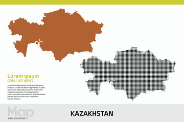 Obraz premium A map of Kazakhstan in dual designs, featuring brown solid details and black abstract dotted patterns, isolated on a white background 