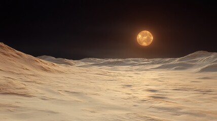 Orange Celestial Body Rising Over Desolate Beige Landscape Under Starry Night Sky