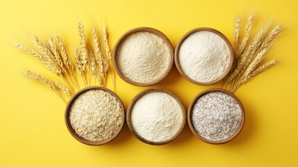 Wheat flours, grains, yellow backdrop