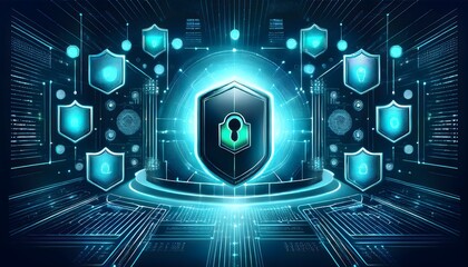 A dark, cyber-themed illustration of a secured database, featuring a locked digital vault in.