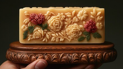 Exquisite Handcrafted Soap Bar with Floral Design Displayed on Elegant Wooden Stand