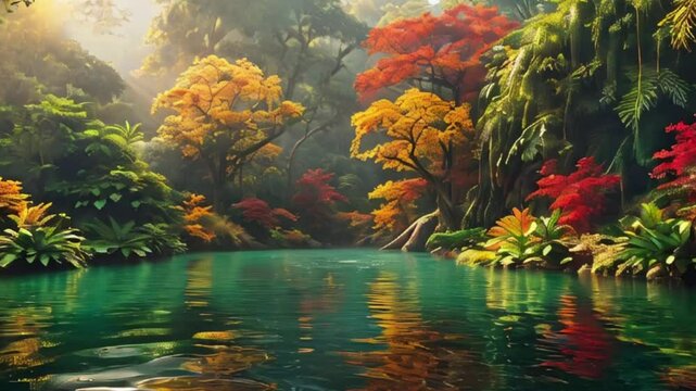 autumn colors in the park with nature lake, river in woods 