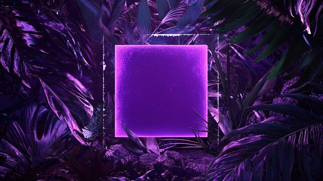 Abstract minimalist illustration of a glowing neon square frame centered against a tropical leaves background, featuring a rich purple color palette and futuristic lighting effects. 