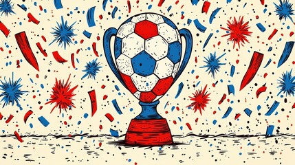 Vibrant Celebration of Soccer Trophy with Colorful Patterns and Confetti Background