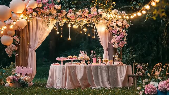 Elegant outdoor event featuring a decorated table, floral arch, balloons, and string lights.