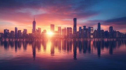 Vibrant sunrise cityscape reflected in calm water.