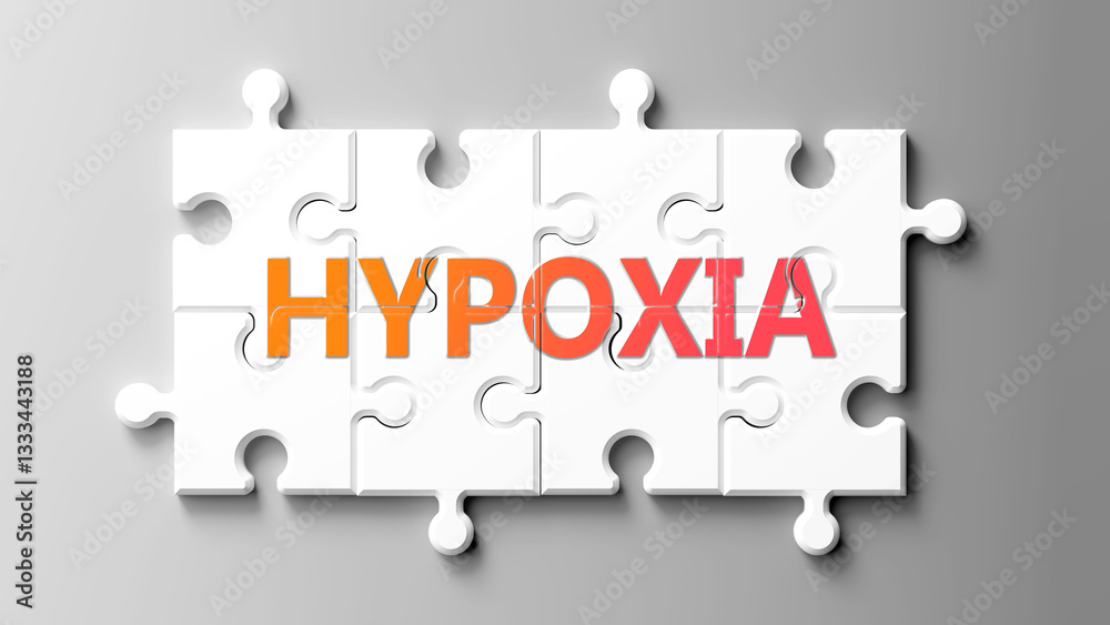 Poster Hypoxia complex like a puzzle - pictured as word hypoxia on a puzzle pieces to show that hypoxia is complex and needs cooperating pieces that fit together. ,3d illustration