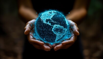 Global Care: Hands Holding Digital Earth.