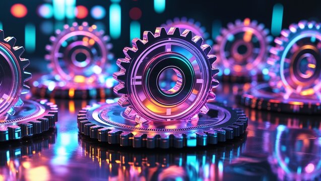  closeup of transparent gears turning in unison, glowing softly under futuristic colorful lighting in colorful reflection with polished metallic 