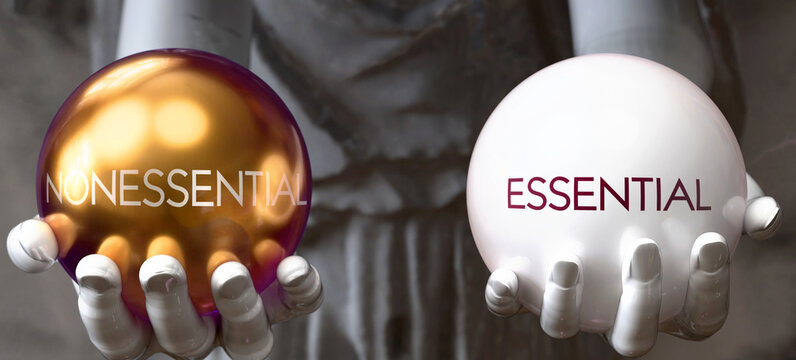 Nonessential or Essential - decide between two options. Greek statue presenting a choice: nonessential or essential, weighing their values. Looking at pros and cons.  ,3d illustration