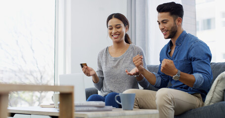 Happy couple, laptop and payment with credit card for online shopping, purchase or banking at home. Man, woman or lovers with smile or debit on computer for remote transaction or ecommerce promotion