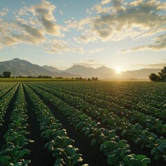 Vast field of young crops under a sunrise