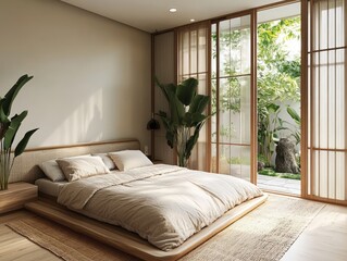 A modern bedroom featuring a bed with a view of a garden