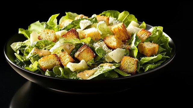 A vibrant Caesar salad with croutons, parmesan, and dressing, served in a black bowl.