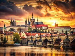 Fototapeta premium Vintage Prague: St. Nicholas Cathedral, Charles Bridge & Castle View