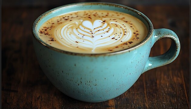 A Ceramic Cup Of Latte Art On A Wooden Surface