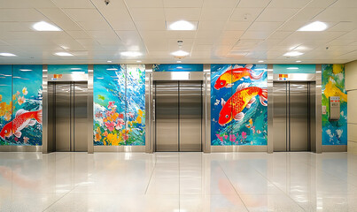 Vibrant mural of koi fish and underwater scenery near modern elevators in a spacious lobby