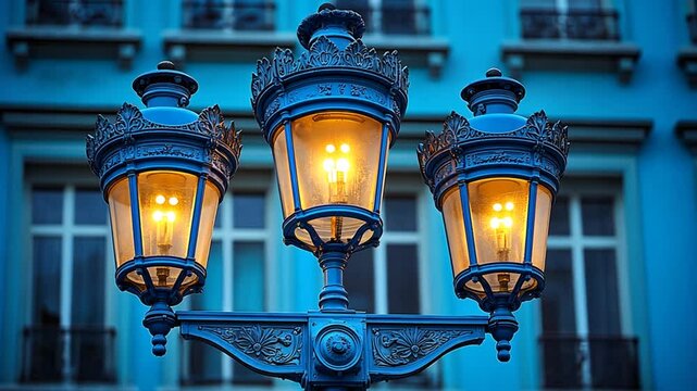 Vintage street lamps illuminate European building facade