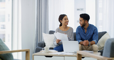 Talking, planning or couple with paperwork, home or loan budget for household bills or mortgage....