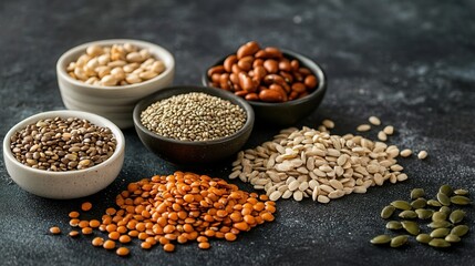 Fototapeta premium Variety of Superfoods Seeds and Beans Displayed in Bowls
