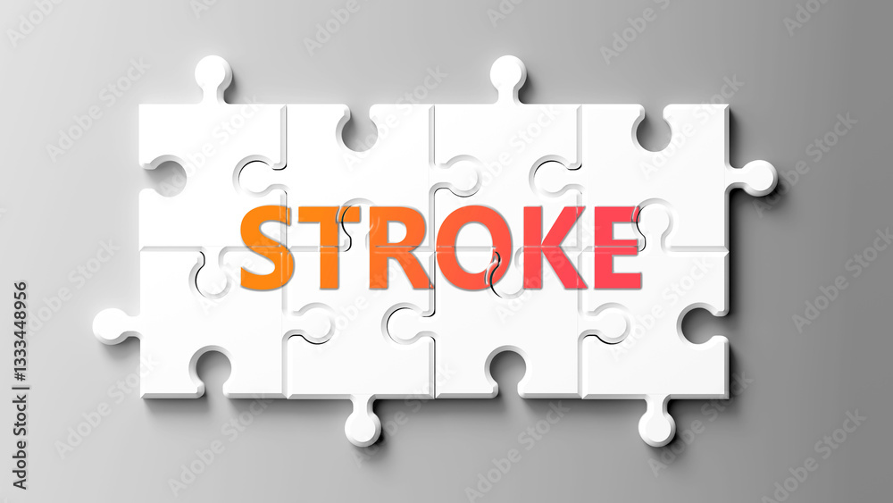 Aufkleber Stroke complex like a puzzle - pictured as word stroke on a puzzle pieces to show that stroke is complex and needs cooperating pieces that fit together. ,3d illustration