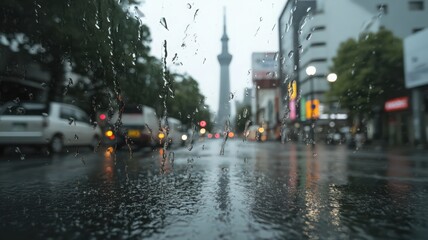 Naklejka premium Rainy City Street View Through Rain-Covered Window