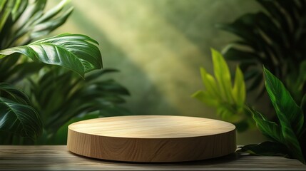 Wooden Podium Surrounded by Leaves in Soft Blurred Nature Background