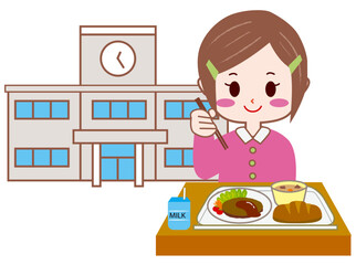 学校と給食を食べている女子生徒