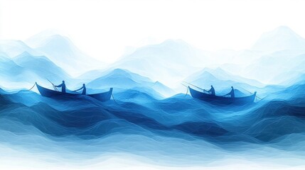 Fototapeta premium Fishermen in Vibrant Blue Waves with Abstract Mountain Backgrounds in Serene Coastal Landscape