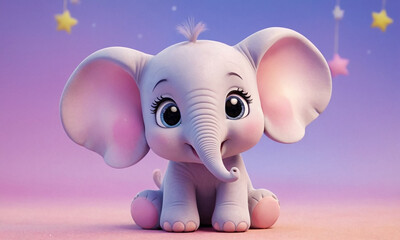 A cute baby elephant with a chubby, rounded body, big expressive eyes, and a cheerful smile