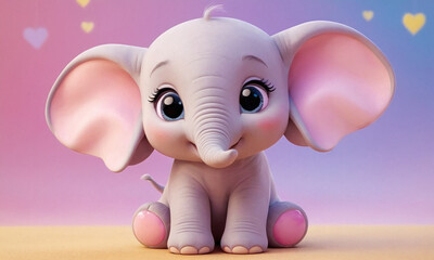 A cute baby elephant with a chubby, rounded body, big expressive eyes, and a cheerful smile