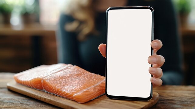 Woman Pointing at Blank White Phone Screen in a Café, Empty Space for Advertising Text or Promotion Concept