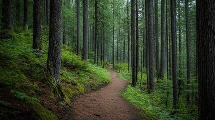 An isolated trail weaving through an evergreen forest, surrounded by towering trees.