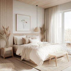 A peaceful bedroom interior with calming natural elements and soft textures