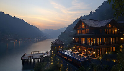 Fototapeta premium Luxury Wooden Villa By River at Sunset
